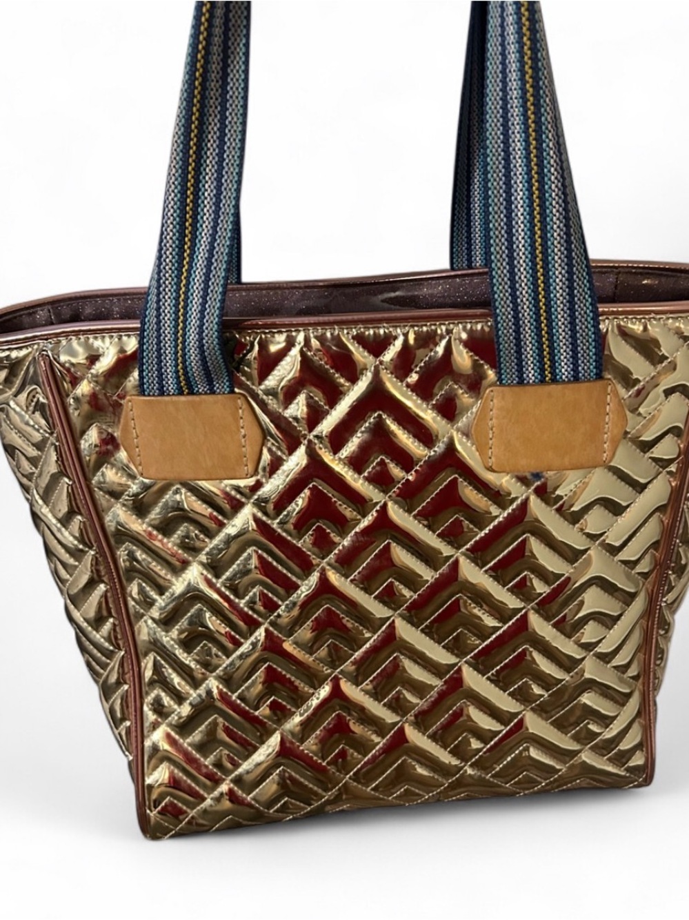 Consuela Metallic Gold Quilted Tote with Blue Striped Handles